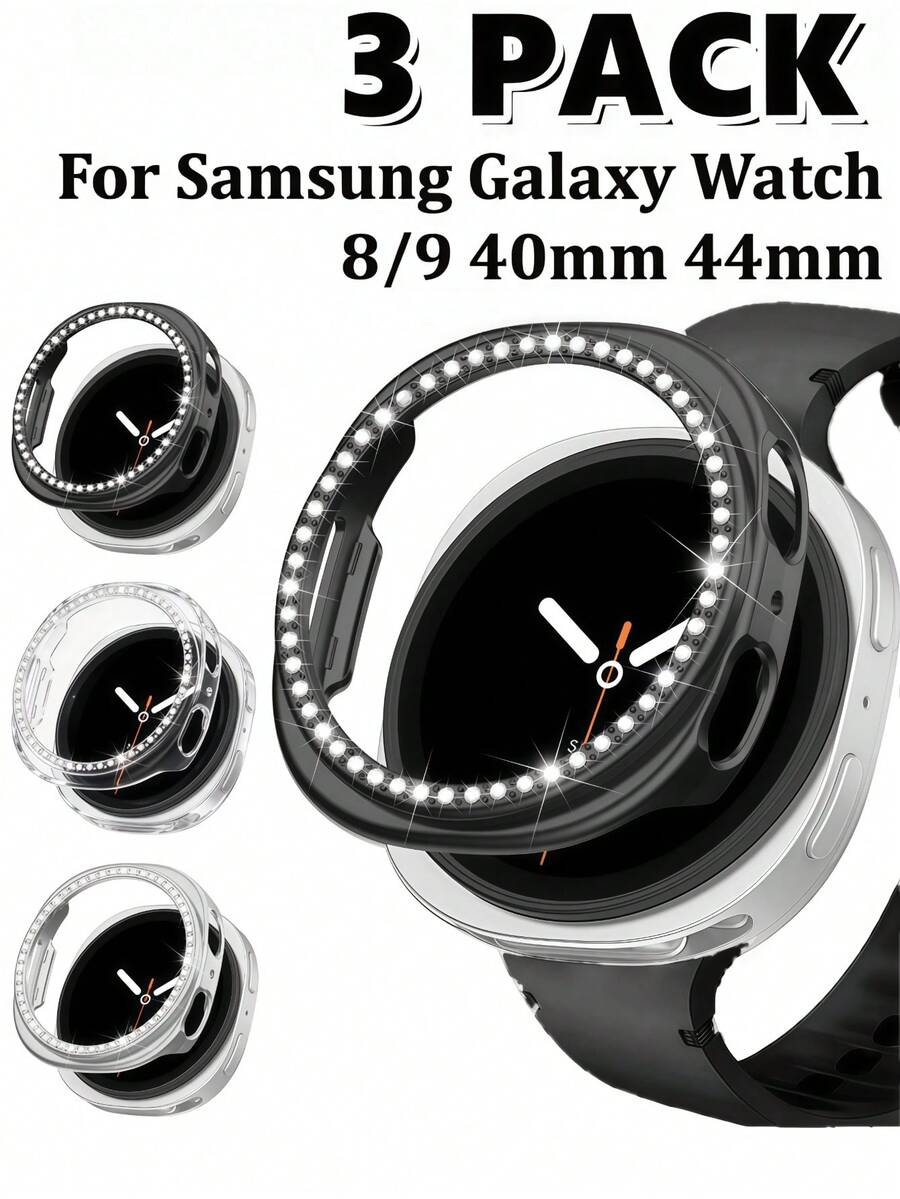 3入裝閃亮亮片防撞保護殼 鑽石邊框外殼，相容 Galaxy Watch 8/9 40mm 44mm，閃耀電鍍水鑽超薄硬 PC 中空保護殼，適用 Galaxy Watch 8/9 44mm 40mm 手錶，中性款