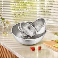 1-3pcs Stainless Steel Colanders With Handles, Micro-Perforated Italian Pasta Strainers, Fine Mesh Sieves, Shiny Polished Metal Kitchen Strainers For Pasta, Fruits, Vegetables - Drain Basket With Handle - View 4