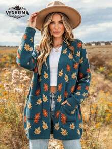 VEXHEIMA Western Style Fall/Winter Halloween Color-Blocked Retro Maple Leaf Pattern Jacquard Long-Sleeve Knit Jacket With Pocket Women's Knit Cardigan - Multicolor - View 1