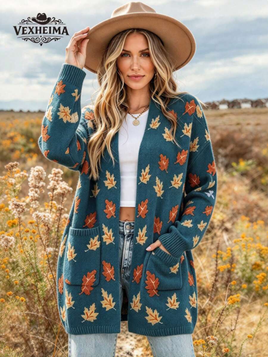 VEXHEIMA Western Style Fall/Winter Halloween Color-Blocked Retro Maple Leaf Pattern Jacquard Long-Sleeve Knit Jacket With Pocket Women's Knit Cardigan - Multicolor - View 1