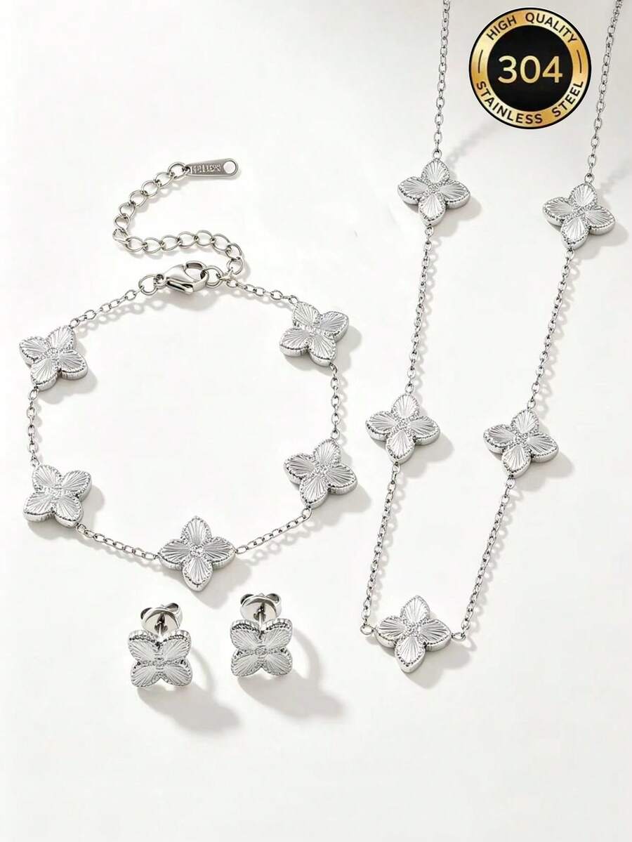 4/1pc Gothic Stainless Steel Silver Laser Four-Leaf Clover Jewelry Set, Women's Luxury Necklace, Bracelet, Earrings 3 Pieces Set, Waterproof, Fade-Resistant, Layerable, Daily Commute, Gift Accessory - Silver - View 1