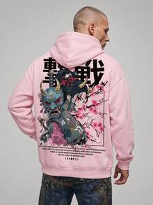 DAZY Men's Casual Fashionable Street Hoodie, Japanese Anime Character & Slogan Print, Kangaroo Pocket, Drawstring, Loose Fit - Pink - View 1