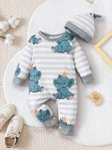 BrownBark 2pcs, Unisex Baby Cute Long Sleeve Romper And Hat Set For Spring And Autumn, Grey And White Striped With Cute Crown Elephant Print Romper, Matching Same Pattern Hat, Soft And Comfortable Fabric, Neutral Cartoon Style, Suitable For Newborn Baby Spring And Autumn Daily Wear And Outings. - Multicolor - View 3