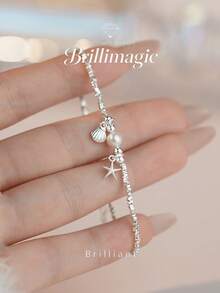 1pc Shiny Pearl Heart-Shaped Shell Bracelet For Women, Suitable For Daily Wear, Party, Birthday, Anniversary Jewelry Gift - Silver Pearl Starfish Shell Bracelet - View 2