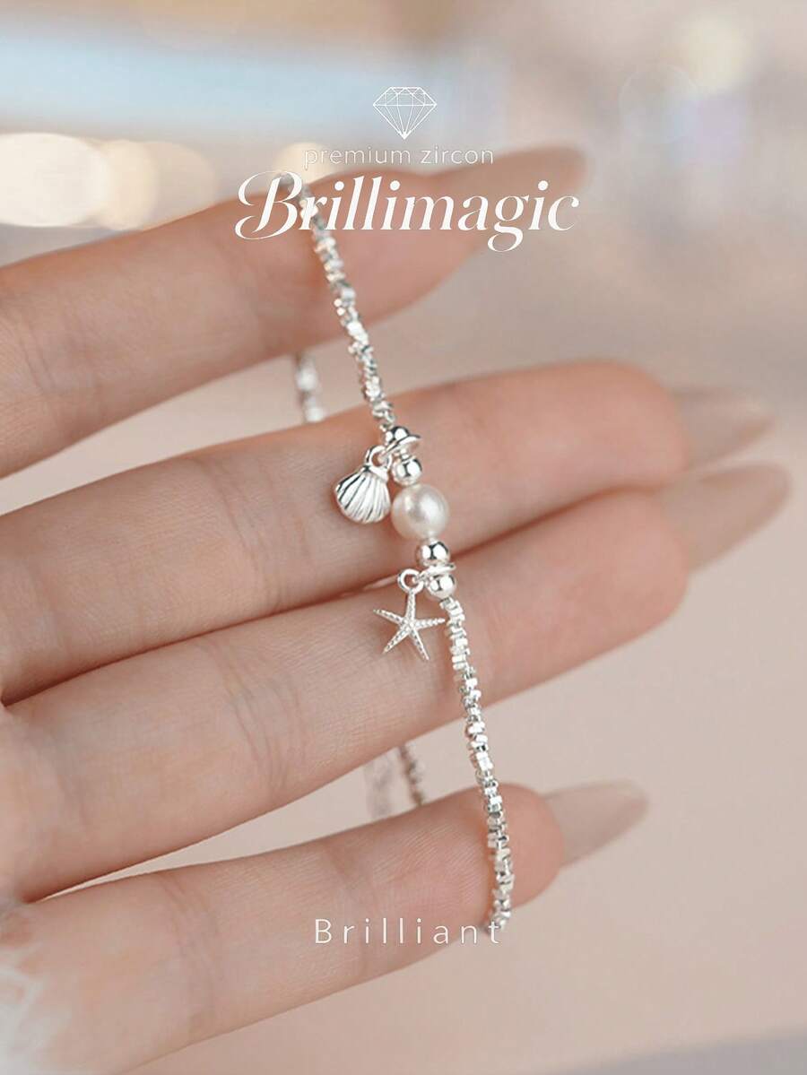 1pc Shiny Pearl Heart-Shaped Shell Bracelet For Women, Suitable For Daily Wear, Party, Birthday, Anniversary Jewelry Gift