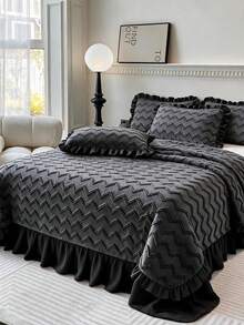 1 Piece Embossed Bedspread Set, Soft Ruffled Trim Quilted BedSpread With Pillow Case Made In Turkey Only - Dark Grey - View 2