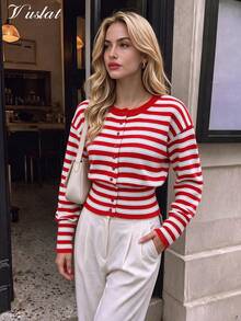 Vuslat Women's Autumn/Winter Fashion Y2K Slim Fit Striped Round Neck Long Sleeve Cropped Cardigan, Suitable For Daily Wear, Street Style, Commuting, Christmas And New Year - Red - View 4