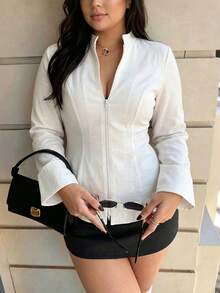 Plus Size Women's Stand Collar Full Zip Flared Sleeve Fitted Linen Shirt, Slim Fit Top, Suitable For Autumn Office Commute, Elegant Style - White - View 3