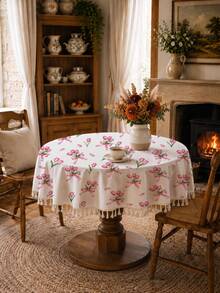 1pc Daily Minimalist Pink Bow Tulip Pattern Polyester Cotton Lace Tablecloth, Stain-Resistant With Tassel Fringe Dining Table Decor Cloth, Suitable For Square And Round Tables, Kitchen, Dining Table, Coffee Table, TV Cabinet, Entryway, Party Holiday Decoration, Home Decor, Family Gathering - Multicolor - View 8