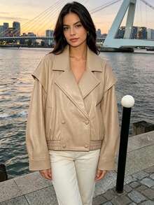 DEEKA Autumn/Winter New Women's European And American Style Fashion Minimalist Versatile Leather-Effect Aviator Jacket - Khaki - View 1