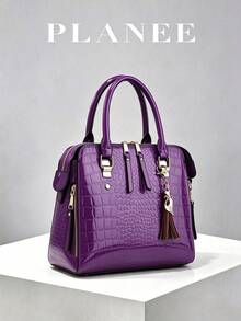 Women's Bright Purple Crocodile-Embossed Glossy PU Top Handle Satchel & Matching Envelope Clutch Set - Crocodile Pattern Mother-baby Bag - View 9