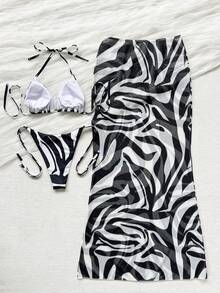 Women's Fashionable Elegant Colorblock Striped Swimsuit Set, Suitable For Summer, Perfect For Spring/Summer Beach Vacation, Seaside Activities And Holiday Outfits - Multicolor - View 5