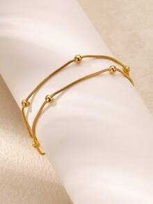 1pc Bohemian Style Beaded Double Chain Anklet, Gold Stainless Steel Anklet, Fashion Accessory For Summer Beach - Yellow Gold - View 4