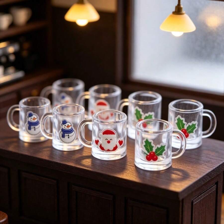4pcs Merry Christmas Mini Cups, Featuring Santa Claus, Christmas Tree, Snowflake And Reindeer Designs. Perfect For Dollhouse Kitchen Decor, Suitable For BJD/OB11 And Blythe Mini Cup Props, Miniature Models, Miniature Home Scenes