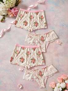 Elorette 8/4/3/1pc Low Waist Floral Romantic Pastoral Fairy Lace Patchwork Ruffle Edge Knit Jacquard Skin-Friendly Comfortable Bow Knot Undies - Baby Pink - View 33