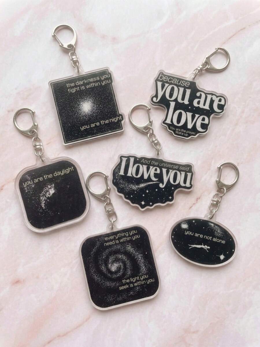 6pcs End Poem Acrylic Keychains, Game Ending Poem, Romantic Universe Starry Sky Galaxy Style, "And The Universe Said I Love You" Quote, Healing Gift For Game Player Couples And Friends, Backpack Charm, Key Ring Accessory - Multicolor - View 1