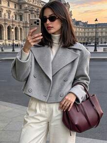 Autumn/Winter Solid Color Blazer Collar Long Sleeve Short Slim Fit Wool Coat, Commute Office Street Style Urban Jacket, Autumn Fashion - Grey - View 1