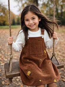 2pcs Girls Toddler Pastoral Mori Style Solid Color Round Neck Versatile Long Sleeve Top With Floral Embroidered Corduroy Adjustable Overall Dress Set, Spring/Autumn - Brown - View 1