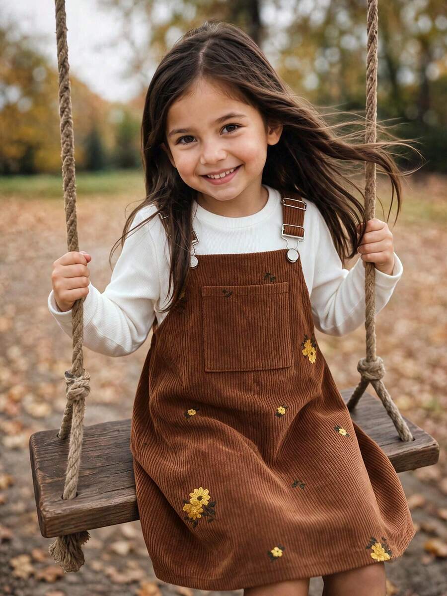 2pcs Girls Toddler Pastoral Mori Style Solid Color Round Neck Versatile Long Sleeve Top With Floral Embroidered Corduroy Adjustable Overall Dress Set, Spring/Autumn - Brown - View 1