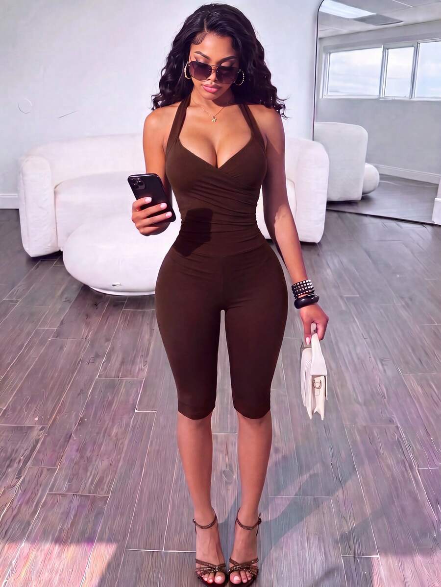 Women's Halter-Neck Wrap-Front V-Neck Pleated Slim-Fit Knee-Length Jumpsuit, Sleeveless Solid-Color Bodycon Jumpsuit - Coffee Brown - View 1