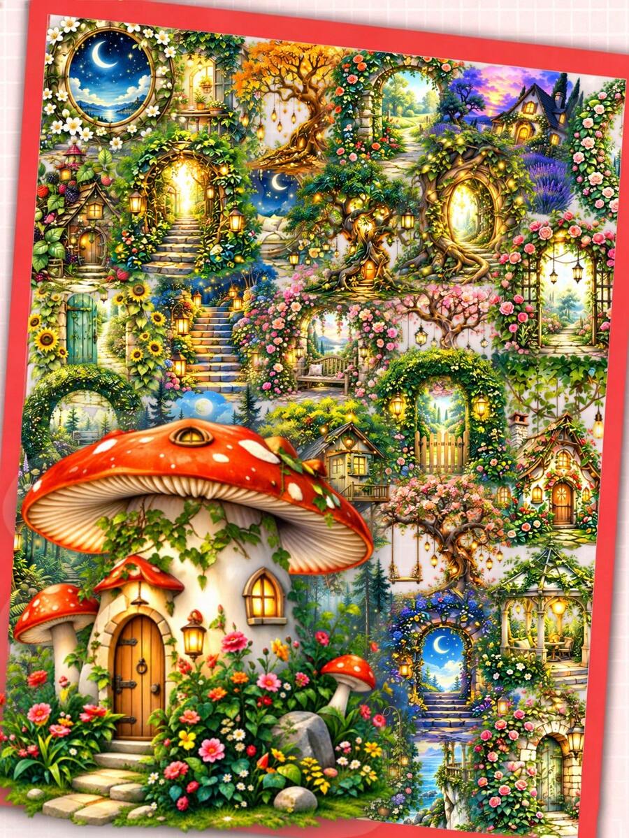 50Pcs Fairy Cottage PET Stickers, Enchanted Forest Mushroom House Floral Gate Decals, Aesthetic Stickers For Scrapbook Album Handmade Craft Card Making Art Projects - Multicolor - View 1