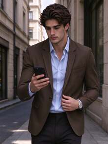 Men's Autumn/Winter Single-Button Slim Fit Suit Jacket, Light Business Style, Suitable For Wedding, Office, Graduation Ball, Ceremony, Daily Work, Anniversary Gift - Coffee Brown - View 1