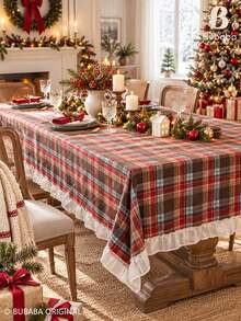 Christmas Plaid Ruffle Edge Tablecloth, Vintage Scottish Tartan White Ruffle Edge Tablecloth, Christmas Dinner Party Holiday Decoration Tablecloth, Farmhouse Style Home Kitchen Dining Room Table Decor - Brown - View 3