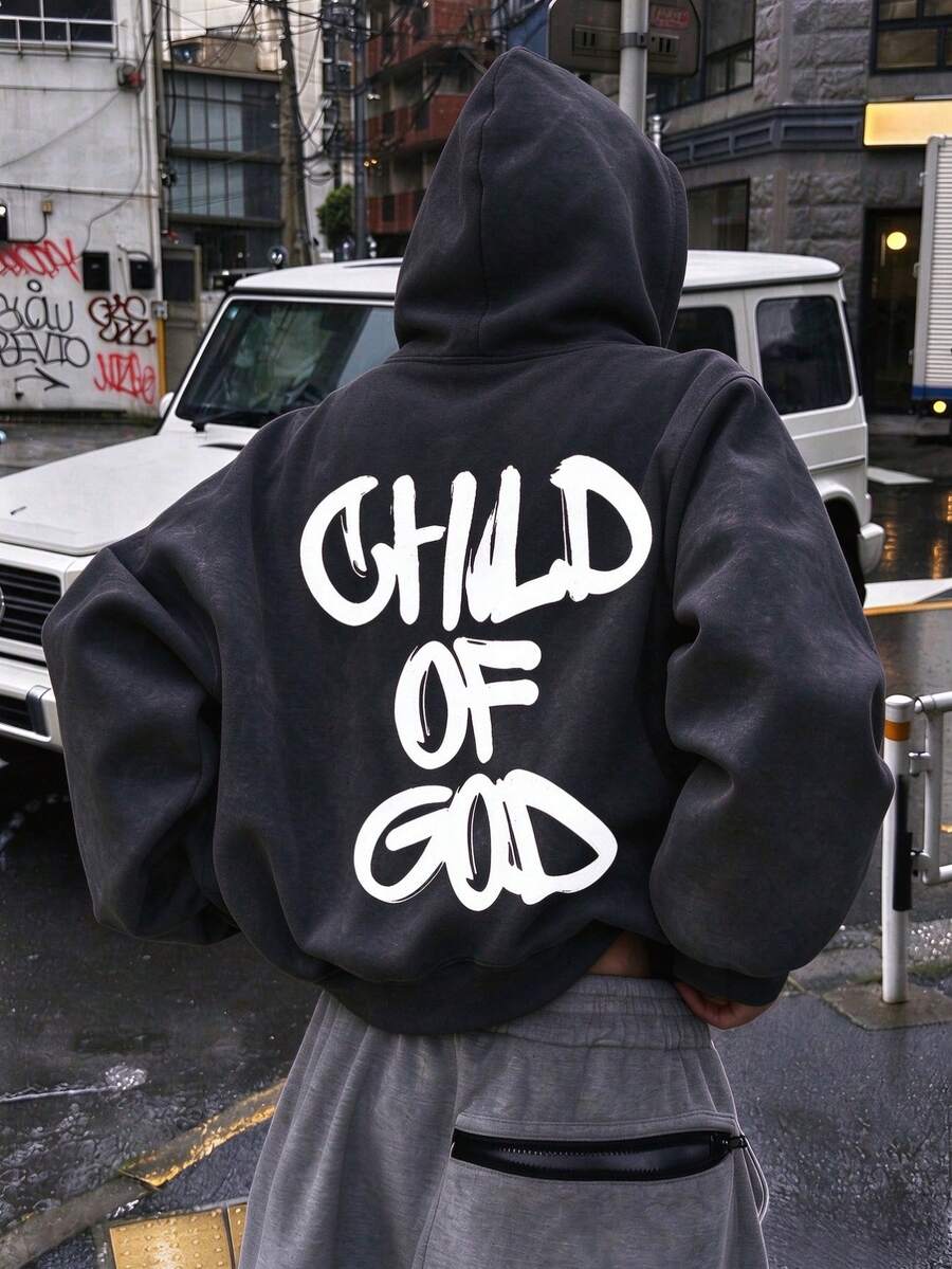 CHILD OF GOD Bold Letter Print Women's Loose Washed Sweatshirt, Casual Daily Long Sleeve Pullover - Black - View 1