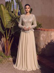 LUVISTRUE Women Elegant Romantic Maxi Dresses Zipper Lace Sequin Patchwork Formal Evening Party Cocktail Wedding Guest Gala Prom Gowns - Beige - View 3