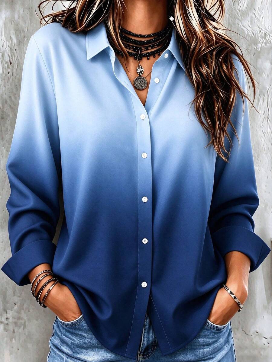 Basic Casual Plus Size Women's Autumn Long Sleeve Lightweight Button-Down Shirt - Blue - View 1