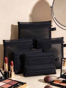 5 Pcs Black Mesh Cosmetic Bag Set, Zipper Makeup Pouch, Portable Semi-Transparent Mesh Storage Organizer Bag For Travel, Cosmetics, Cables And Small Accessories - Black - View 3