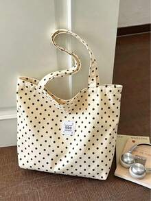 Korean Style Minimalist Polka Dot Shoulder Bag, Slouchy Student Commuter Large Capacity Tote Bag - White - View 6