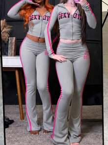 Autumn Street Style Sports Set Women's Printed Long Sleeve Top + Sweatpants Fitness Workout Set - Light Grey - View 2
