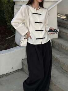 Women's Fashion Round Neck Long Sleeve Drop Shoulder Top, With Frog Button Design, Casual Semi-Sheer Blouse - White - View 3