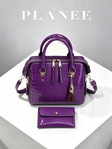 Women's Bright Purple Crocodile-Embossed Glossy PU Top Handle Satchel & Matching Envelope Clutch Set - Crocodile Pattern Mother-baby Bag - View 7