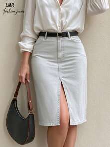 Women's Light Wash Split Hem Denim Skirt, Mid-High Waist Straight A-Line Denim Skirt, Versatile Commuter Skirt - Silver Gray - View 4