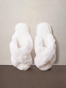 Hatastic Fall/Winter Women Cross Strap Fluffy Bedroom Slippers, Fabric Fashion Slippers White - White - View 2