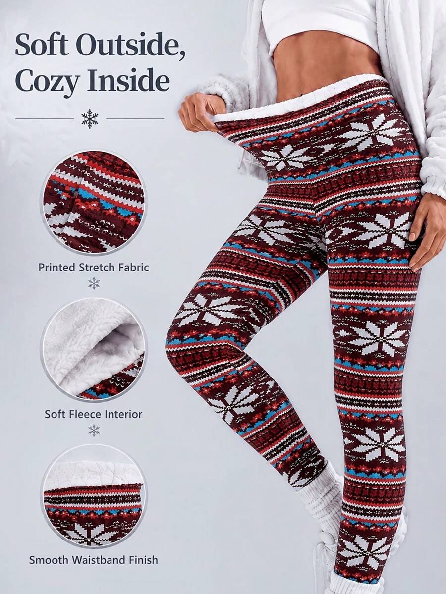 Women's Thick Warm Jacquard Leggings, Fashionable Comfortable Home & Outdoor Versatile Long Pants - Multicolor - View 1