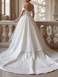 1pc Double Layer Satin Trim Tulle Bridal Overskirt, Detachable Wedding Train Skirt, Church Wedding And Photo Accessory - White - View 2