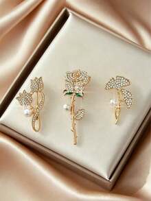 3pcs Vintage Faux Pearl & Rhinestone Butterfly Flower Brooch Set, Elegant Lapel Pins For Suit & Coat, Matching Gift For Best Friends, Holiday Gift For Mom - Gold - View 2