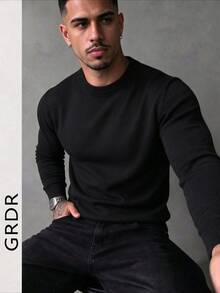 GRDR Men's Solid Color Crew Neck Long Sleeve Sweater, Autumn/Winter - Black - View 3