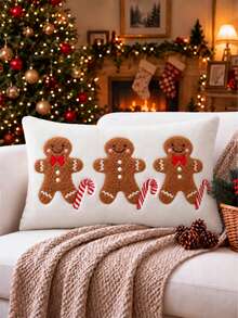 1pc Christmas Gingerbread Man & Candy Cane Waist Pillow Case, Cream Color Rectangular Decorative Cushion Cover With Textured Brown Pattern And Red Bow Detail, Suitable For Sofa, Bedroom And Winter Holiday Home Decor, Pillow Insert Not Included - Gingerbread Man - View 6