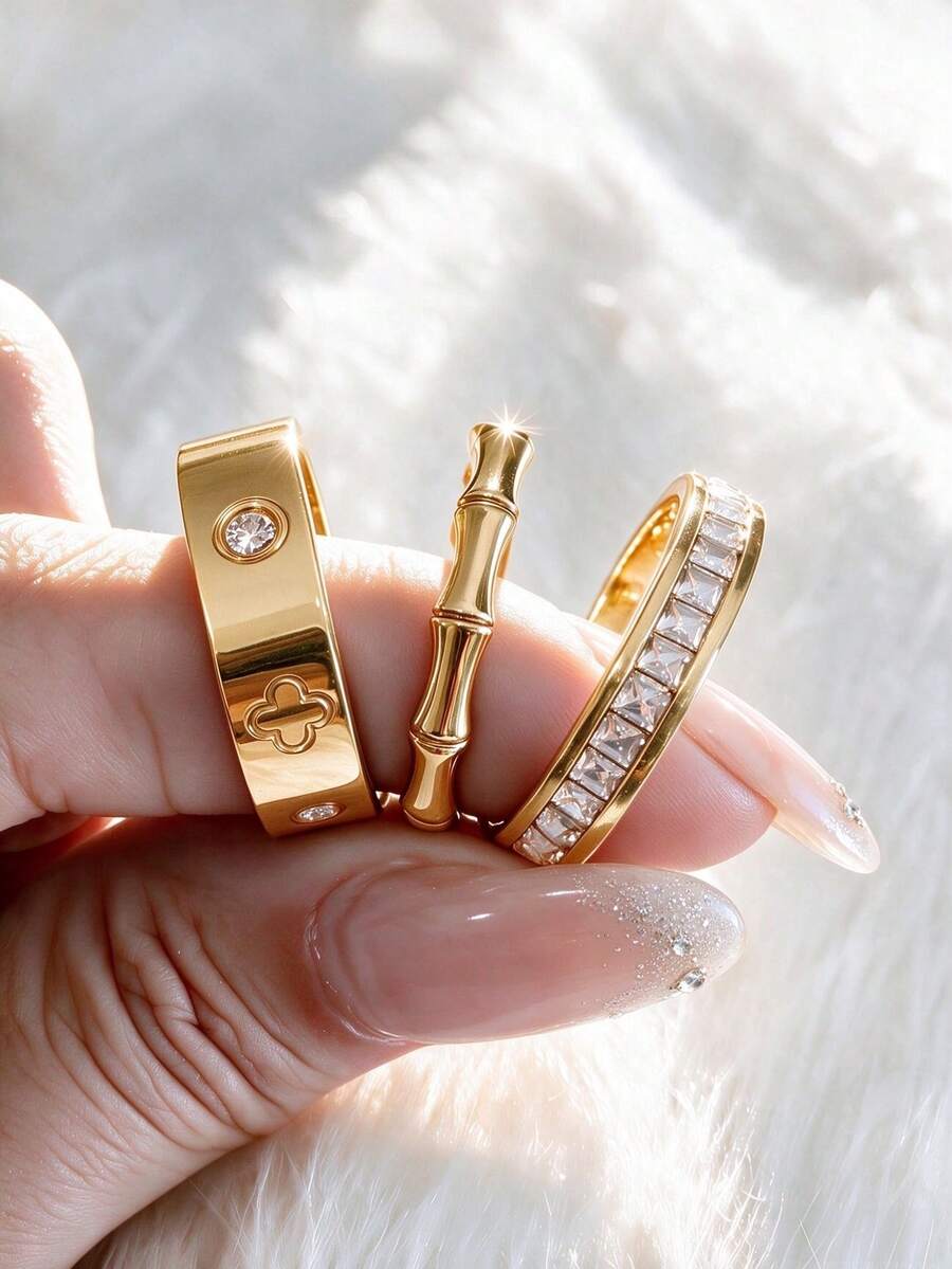 3pcs Exquisite Luxury Stainless Steel Clover Stackable Ring Set, Women's Gold-Tone Rhinestone Versatile Finger Ring Accessories, Daily Wear Party Jewelry - Gold - View 1