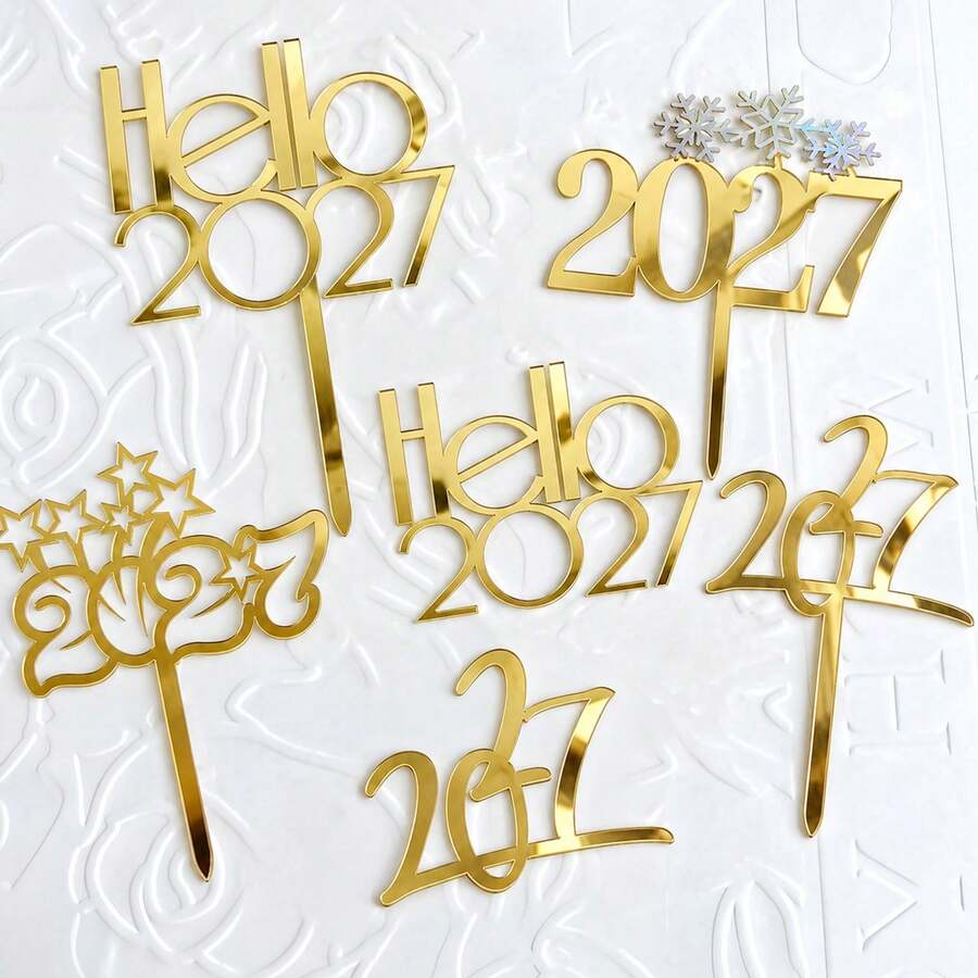 1件/3件/6件 金色 Hello 2027 壓克力蛋糕裝飾插牌,新年聖誕派對蛋糕裝飾用品 - 彩色 - 查看 1