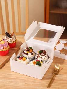 8pcs /4-Cavity Paper Cupcake Boxes With Transparent Window, Muffin Cups, Handleless Paper Boxes, Pastry Dessert Tart Boxes, Muffin Cup Baking Packaging, Afternoon Tea Snacks, Mousse Cake Paper Cups, Baking Egg Yolk Crisps - Multicolor - View 3