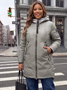 Astrid Plus Size Winter Casual Denim Detail Hooded Mid-Length Cotton Padded Coat - Beige - View 1