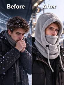 Fashion Thick Fleece Winter Hat, Adjustable Drawstring Fit, Warm Hooded Neck Scarf, Unisex Full Face Balaclava, Suitable For Motorcycle Riding, Hiking, Winter Vacation, Daily Casual Wear, Cold Weather Wardrobe Accessory - Multicolor - View 4
