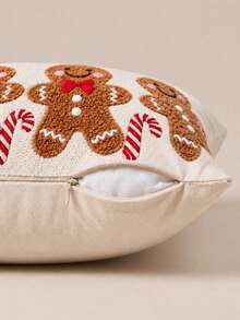 1pc Christmas Gingerbread Man & Candy Cane Waist Pillow Case, Cream Color Rectangular Decorative Cushion Cover With Textured Brown Pattern And Red Bow Detail, Suitable For Sofa, Bedroom And Winter Holiday Home Decor, Pillow Insert Not Included - Gingerbread Man - View 2
