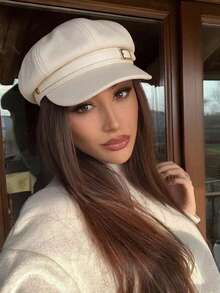 1pc Vintage Button Newsboy Cap, Solid Color Beret, Retro Windproof Casual Women's Headwear, Autumn/Winter Daily Street Style - Multicolor - View 8