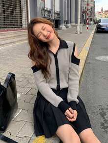 Women's Colorblock Zip-Up Knit Cardigan Sweater Jacket, Autumn/Winter - Grey - View 3